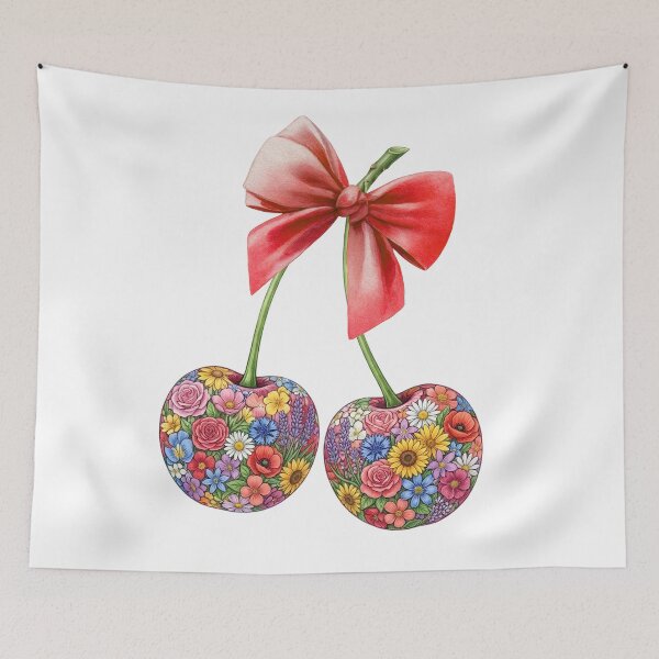 Item preview, Enchanting Floral Cherry Duet with a Red Bow designed and sold by VibranPalette.