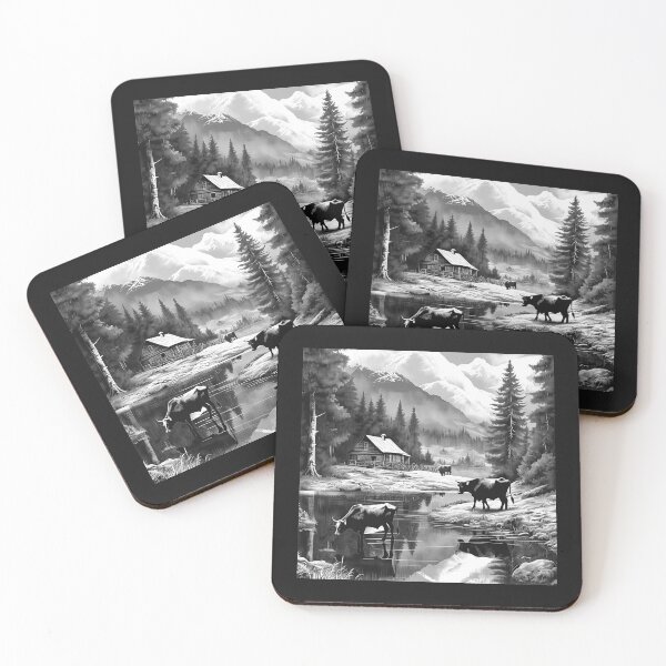 Item preview, Black and White Mountain Cabin with Cows – Rustic Alpine Landscape Art designed and sold by inkoutninja.