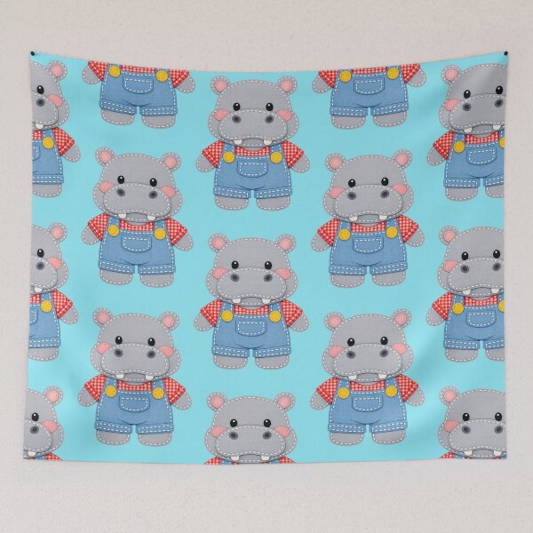 Item preview, Cute hippo in overalls patch style designed and sold by Mauswohn.