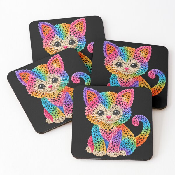Item preview, Crochet-Style Rainbow Colors Kitten Cat Print on Black Shapes Mania designed and sold by Shapes-Mania.