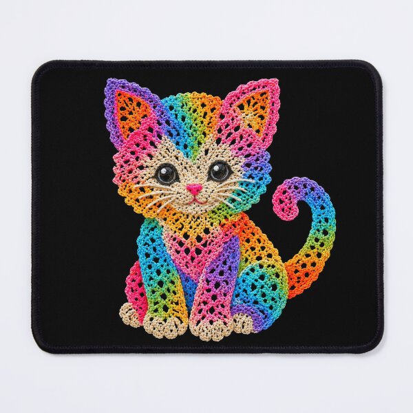 Item preview, Crochet-Style Rainbow Colors Kitten Cat Print on Black Shapes Mania designed and sold by Shapes-Mania.