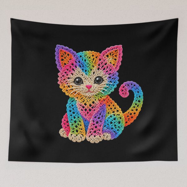 Item preview, Crochet-Style Rainbow Colors Kitten Cat Print on Black Shapes Mania designed and sold by Shapes-Mania.