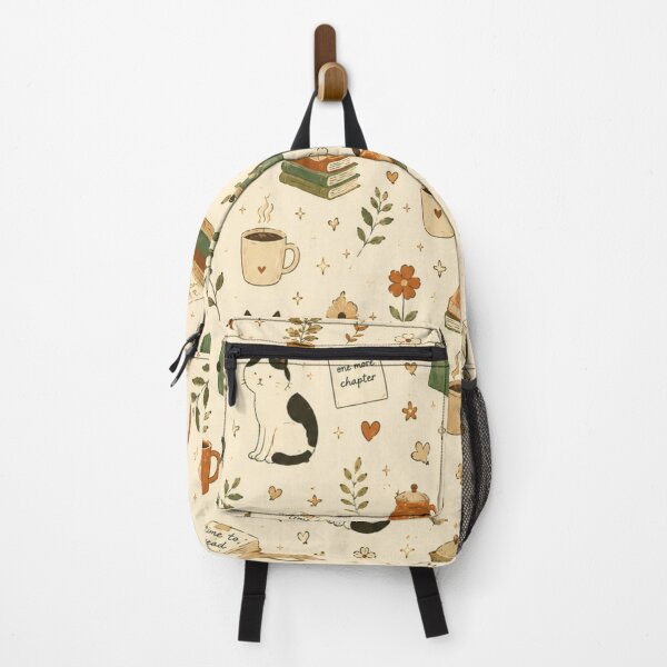 Item preview, Cozy Cat Book Coffee Backpack — Cottagecore Reading Pattern for Book Lovers & Cat Moms designed and sold by IconicDesignsXd.