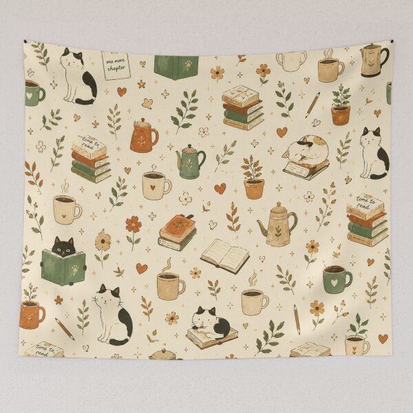 Item preview, Cozy Cat Book Coffee Backpack — Cottagecore Reading Pattern for Book Lovers & Cat Moms designed and sold by IconicDesignsXd.