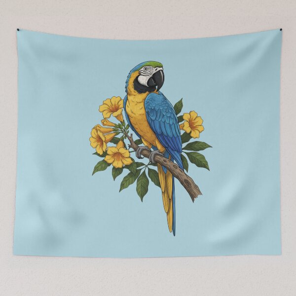 Item preview, Blue and Yellow Macaw Surrounded by Wild Orchid Flowers  designed and sold by BirdsnStuff.