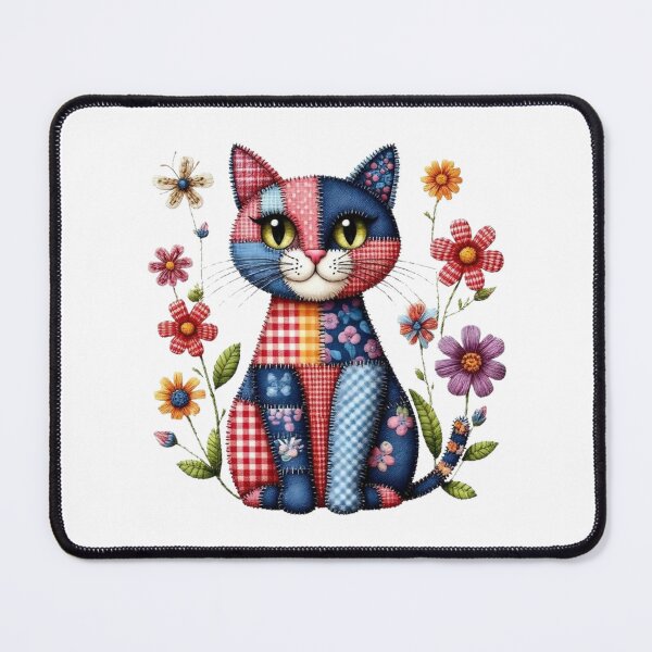Item preview, Cute Patchwork Cat & Wildflowers - Cozy Cottagecore Kitten Art designed and sold by Pani Kara.