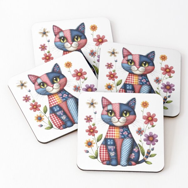 Item preview, Cute Patchwork Cat & Wildflowers - Cozy Cottagecore Kitten Art designed and sold by Pani Kara.