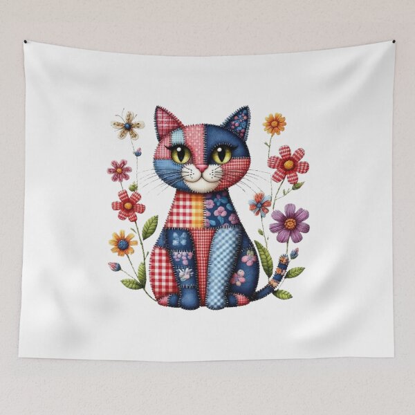 Item preview, Cute Patchwork Cat & Wildflowers - Cozy Cottagecore Kitten Art designed and sold by Pani Kara.