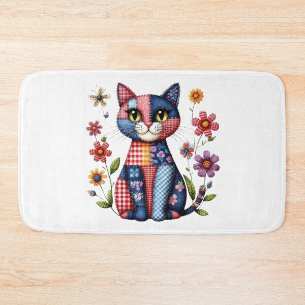 Item preview, Cute Patchwork Cat & Wildflowers - Cozy Cottagecore Kitten Art designed and sold by Pani Kara.