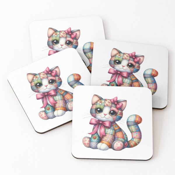 Item preview, Pink Bow Patchwork Cat - Adorable Floral Quilt Kitten Art designed and sold by Pani Kara.