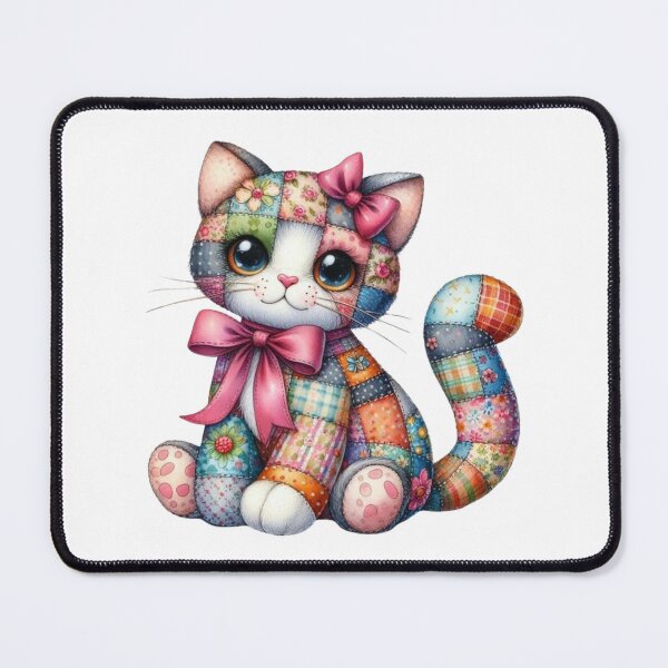 Item preview, Pink Bow Patchwork Cat - Adorable Floral Quilt Kitten Art designed and sold by Pani Kara.