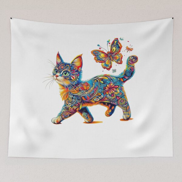 Item preview, Colorful Psychedelic Cat & Butterfly Art - Vibrant Boho Kitten Design designed and sold by Pani Kara.