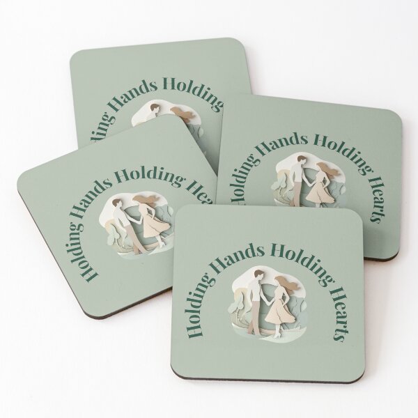 Item preview, Holding Hands Holding Hearts – Love & Care Quote Design with layered paper art in beige, sage and emerald night designed and sold by AmoebaPress.