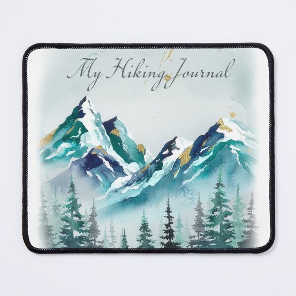 Item preview, My hiking journal watercolor mountain teal gold pine forest art designed and sold by icemanphotos.