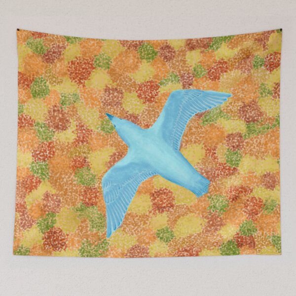 Item preview, A bird flying over a forest of autumn leaves designed and sold by greenPQBstudio.