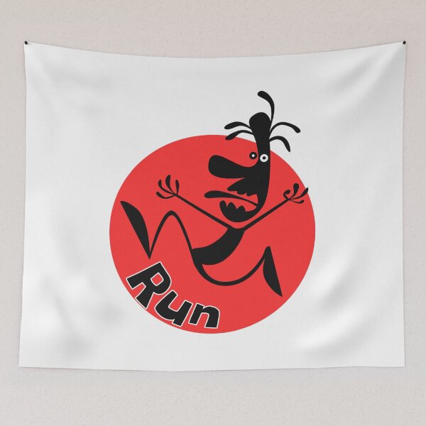 Item preview, Funny Panicked Running Character "Run" Red Badge Doodle Design designed and sold by DesignArtist.ia.