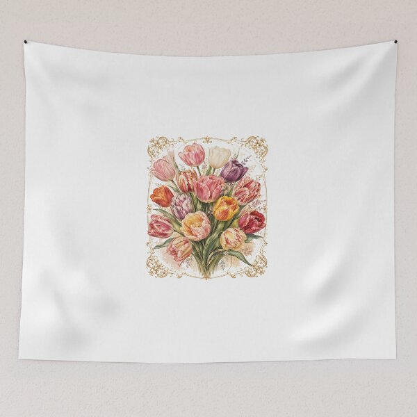 Item preview, Colorful Vintage Tulip Bouquet with Gold Filigree Frame | Elegant Botanical Floral Art designed and sold by Joyfulfabric.