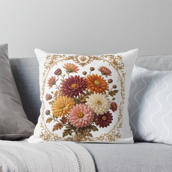 Item preview, Vintage Chrysanthemum Bouquet with Gold Filigree Frame | Elegant Autumn Botanical Floral Art designed and sold by Joyfulfabric.