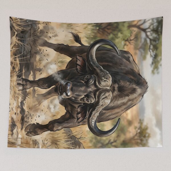 Item preview, African Cape Buffalo Savanna Watercolor Illustration designed and sold by RubisLeaf.