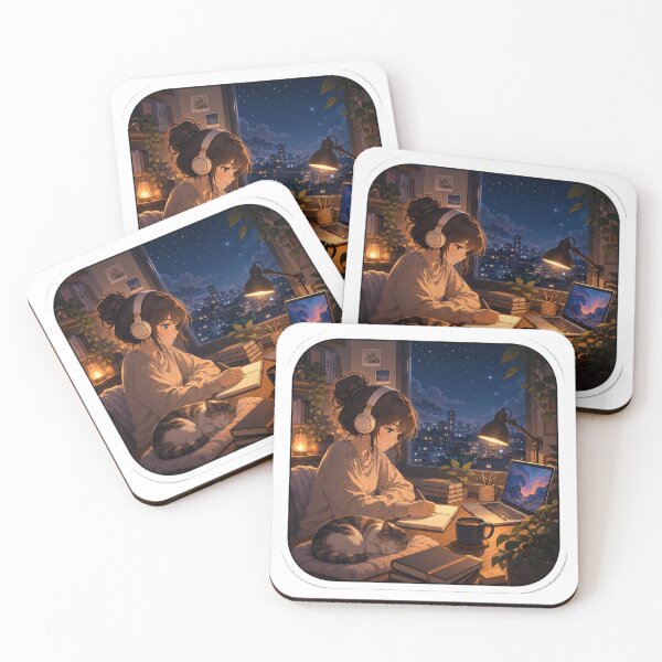 Item preview, Cozy Night Study Anime Girl with Cat – Lo-Fi Desk Window Aesthetic designed and sold by Sunset Deck Studio.