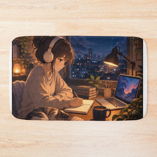Item preview, Cozy Night Study Anime Girl with Cat – Lo-Fi Desk Window Aesthetic designed and sold by Sunset Deck Studio.