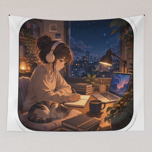 Item preview, Cozy Night Study Anime Girl with Cat – Lo-Fi Desk Window Aesthetic designed and sold by Sunset Deck Studio.