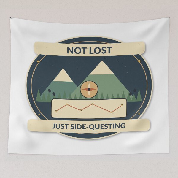 Item preview, Not Lost Just Side-Questing Hiking Gamer Badge designed and sold by Cozy Oddities Studio.