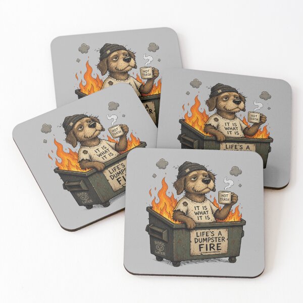 Item preview, Life’s A Dumpster Fire – Burnt Out Dog Meme Illustration designed and sold by Motel Mirage.