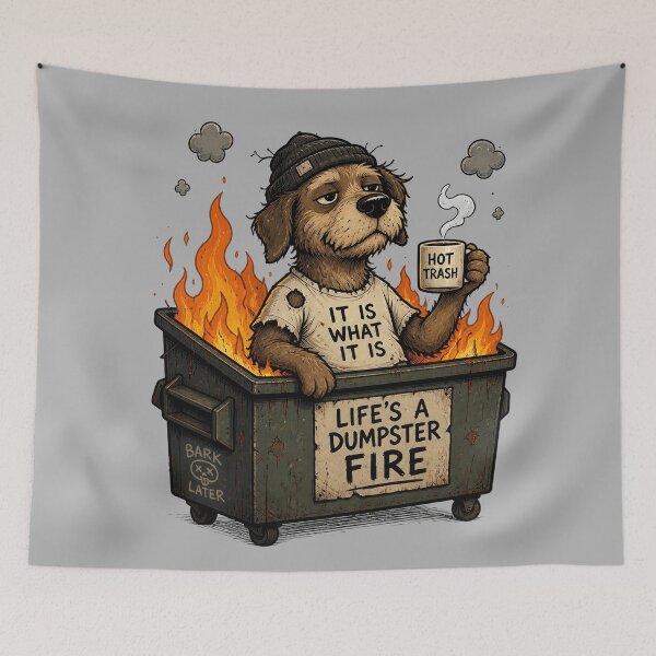 Item preview, Life’s A Dumpster Fire – Burnt Out Dog Meme Illustration designed and sold by Motel Mirage.