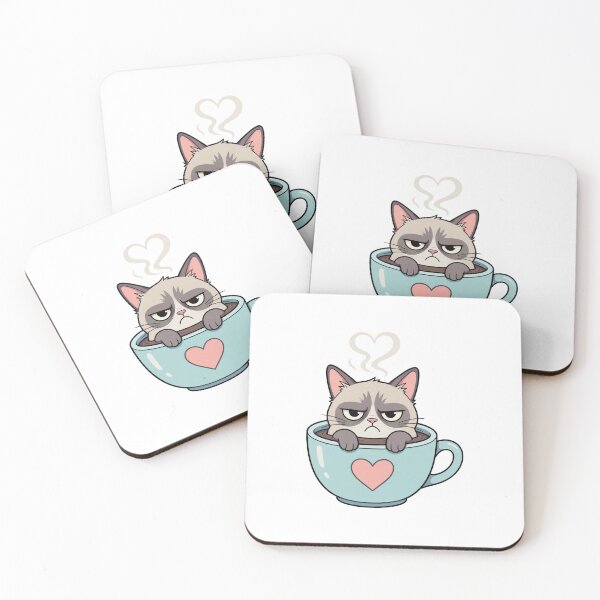Item preview, Grumpy Cat in Coffee Cup with Heart Steam – Cute Pastel Cartoon Illustration designed and sold by OnPointOutfits.