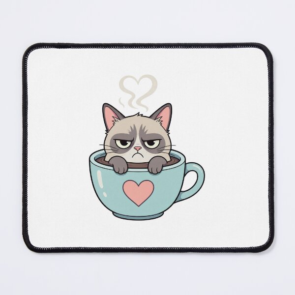 Item preview, Grumpy Cat in Coffee Cup with Heart Steam – Cute Pastel Cartoon Illustration designed and sold by OnPointOutfits.