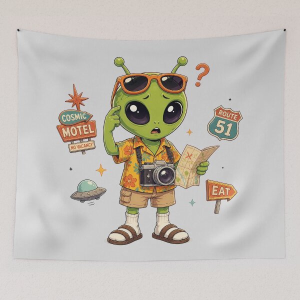 Item preview, Alien Tourist – Route 51 Cosmic Road Trip Cartoon designed and sold by Motel Mirage.