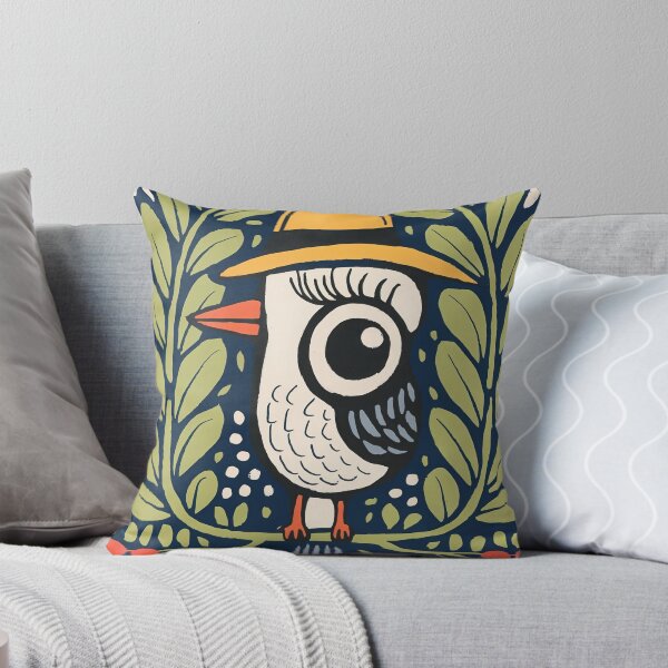 Item preview, White Folk Bird Art Print | Scandinavian Botanical Bird with Yellow Hat designed and sold by Filora Atelier | Bird Art.