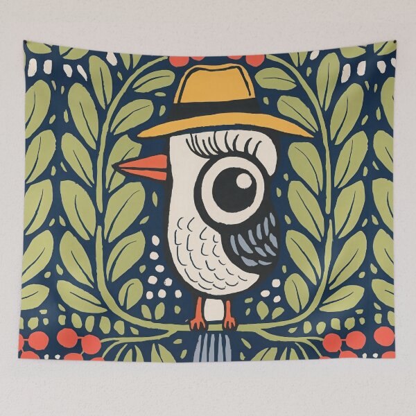 Item preview, White Folk Bird Art Print | Scandinavian Botanical Bird with Yellow Hat designed and sold by Filora Atelier | Bird Art.