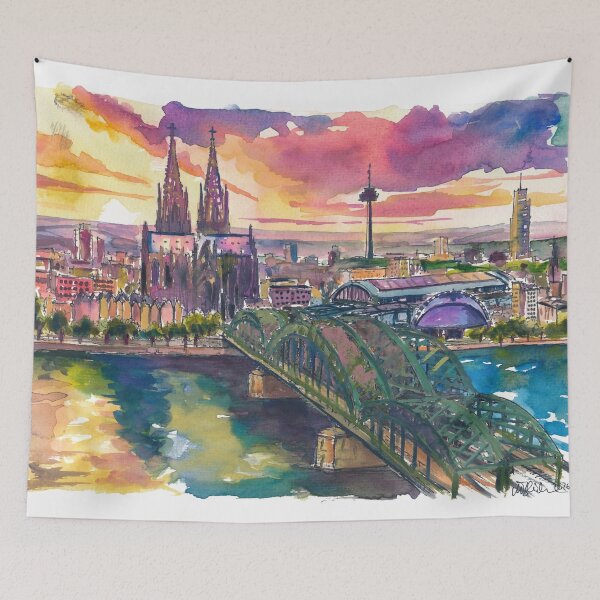 Item preview, Cologne Sunset Painting – Hohenzollern Bridge and Cathedral Art Print, Germany Travel Gift designed and sold by artshop77.