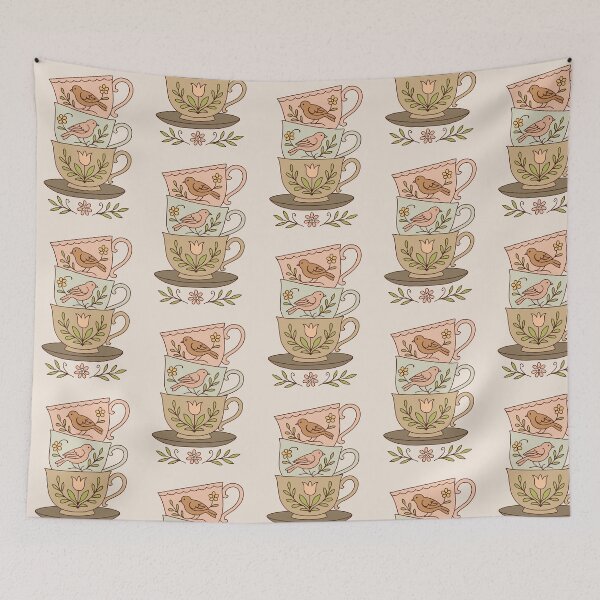 Item preview, Vintage Teacups and Birds Sticker - Aesthetic Pastel Decal designed and sold by AliAltinelArt.