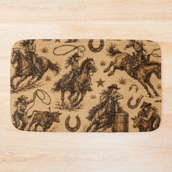 Item preview, Cowgirl Rodeo Seamless Pattern | Western Wood Burning Style Wallpaper | Rustic Pyrography Cowgirl Textile Design designed and sold by AnimalAirtistry.