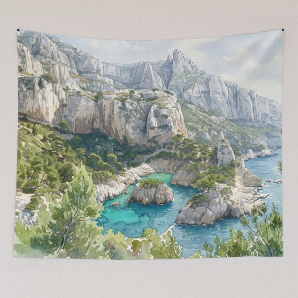 Item preview, Calanques de Cassis in Watercolor Style — Digital Art Transformation from Real Photography  designed and sold by M.ALK.Watercolor.