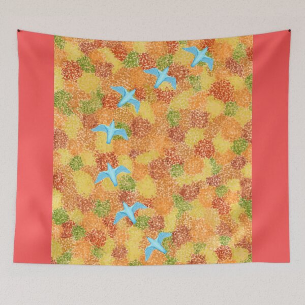 Item preview, A bird flying over a forest of autumn colors designed and sold by greenPQBstudio.