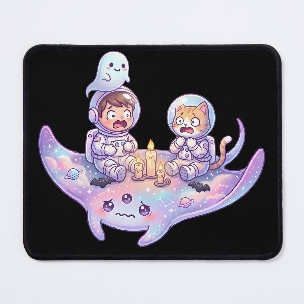 Item preview, Cute Space Astronaut Cat and Halloween Ghost Kawaii Galaxy Scene with Cosmic Manta Ray designed and sold by MHArtSpace.