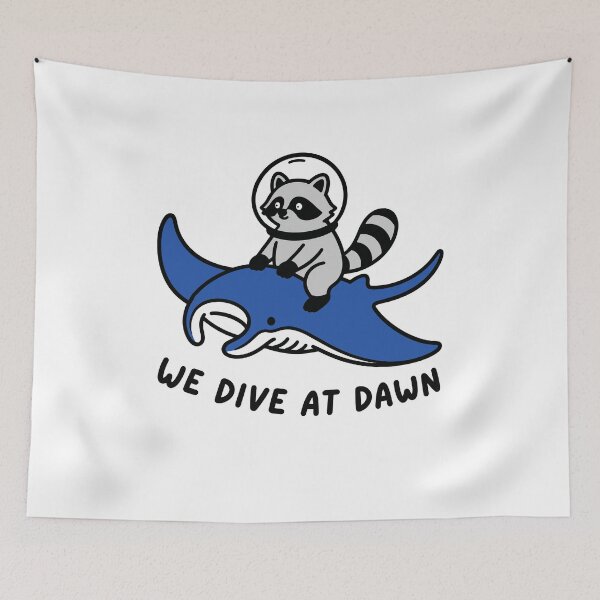 Item preview, We Dive at Dawn Funny Raccoon Riding Manta Ray - Marine Life  designed and sold by gunaone-design.
