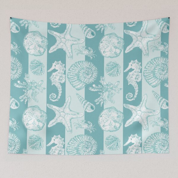 Item preview, Vintage White Washed Sea Life on Aqua Cabana Stripes designed and sold by PD-Coastal.