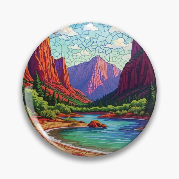 Item preview, Zion Canyon Mosaic Landscape – Red Rock National Park and River Stained Glass Style Wall Art designed and sold by designmari.