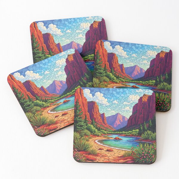 Item preview, Zion Canyon Mosaic Landscape – Red Rock National Park and River Stained Glass Style Wall Art designed and sold by designmari.