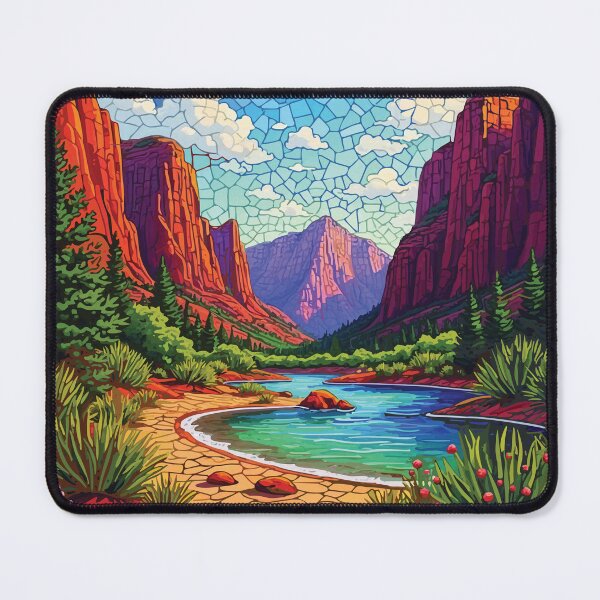 Item preview, Zion Canyon Mosaic Landscape – Red Rock National Park and River Stained Glass Style Wall Art designed and sold by designmari.