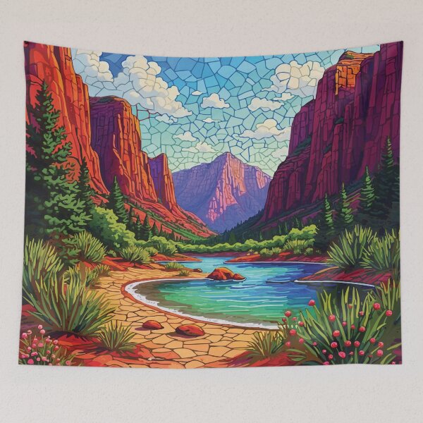Item preview, Zion Canyon Mosaic Landscape – Red Rock National Park and River Stained Glass Style Wall Art designed and sold by designmari.