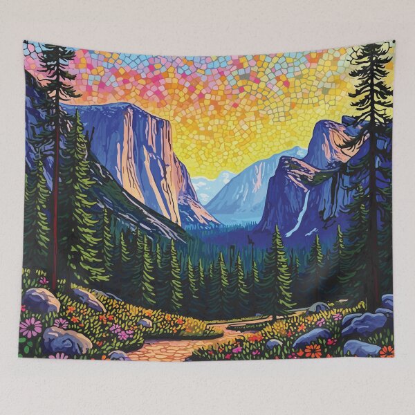 Item preview, Mosaic landscape of Yosemite Valley: majestic granite cliffs and meadows depicted in stained glass murals. designed and sold by designmari.