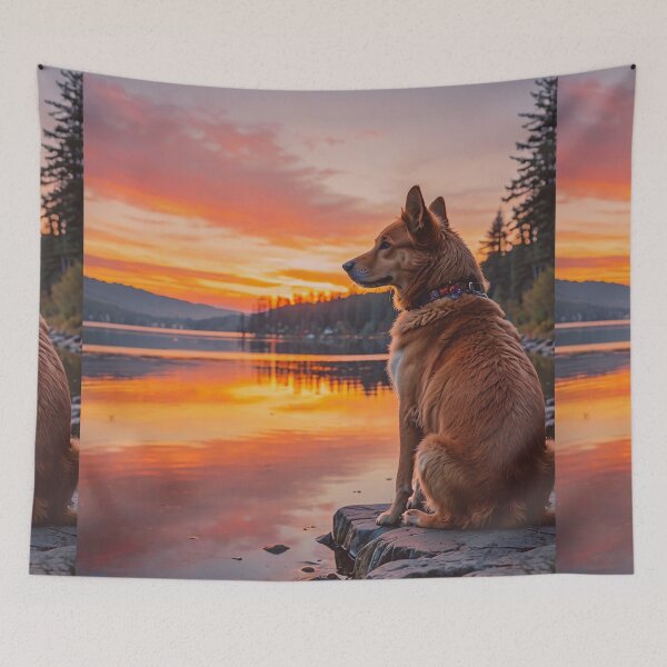 Item preview, Dog by the Lake Sunset Wall Art, Scenic Pet Portrait Nature Print designed and sold by BeautifulVirtues.