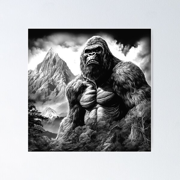 Item preview, Giant Mountain Gorilla Landscape – Black and White Wilderness Art designed and sold by inkoutninja.