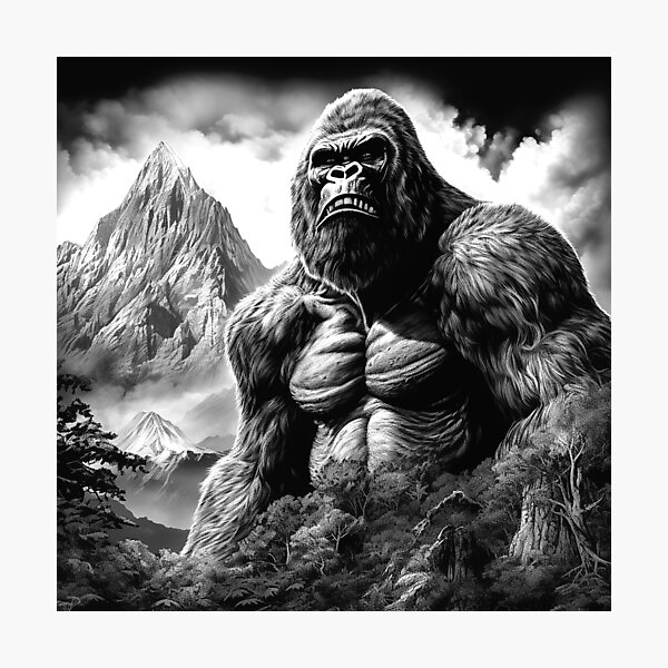 Item preview, Giant Mountain Gorilla Landscape – Black and White Wilderness Art designed and sold by inkoutninja.